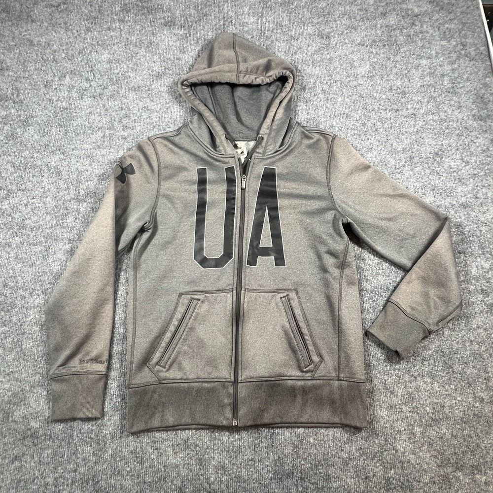 Under Armour Big Logo Hoodie Womens Medium Gray Fleece Lined Full Zip Winter